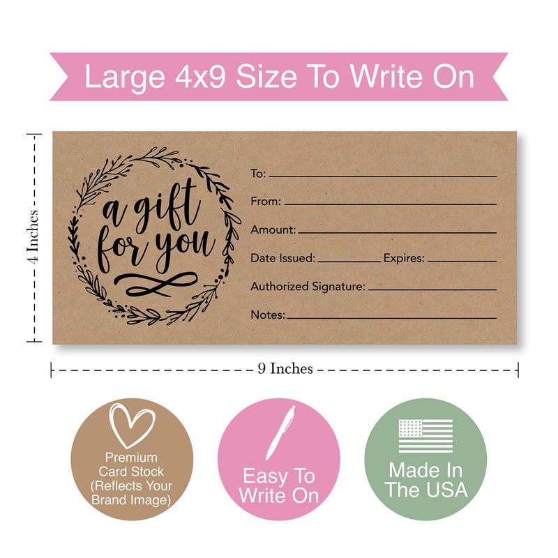 Hadley Designs 25 Blank Gift Certificates for Business â€“ 4x9 Christmas Gift Certificates Cards for Small Business, Spa, Massage, Nail & Hair Salon, Restaurant, Holidays Coupon Vouchers Made in USA - Image 3